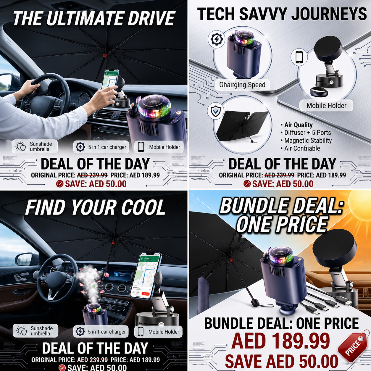 Ultimate Car Essentials Combo – Sunshade, Fast Charger & Phone Holder