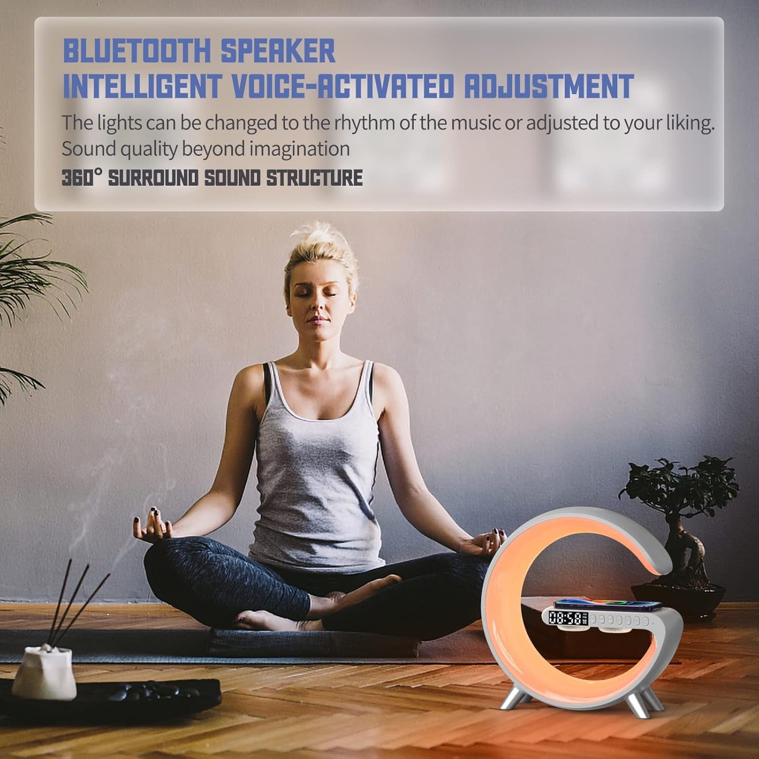 BKDRL Bluetooth Speaker Lamp with Wireless Charger, RGB Night Light, Alarm Clock, App Control - White