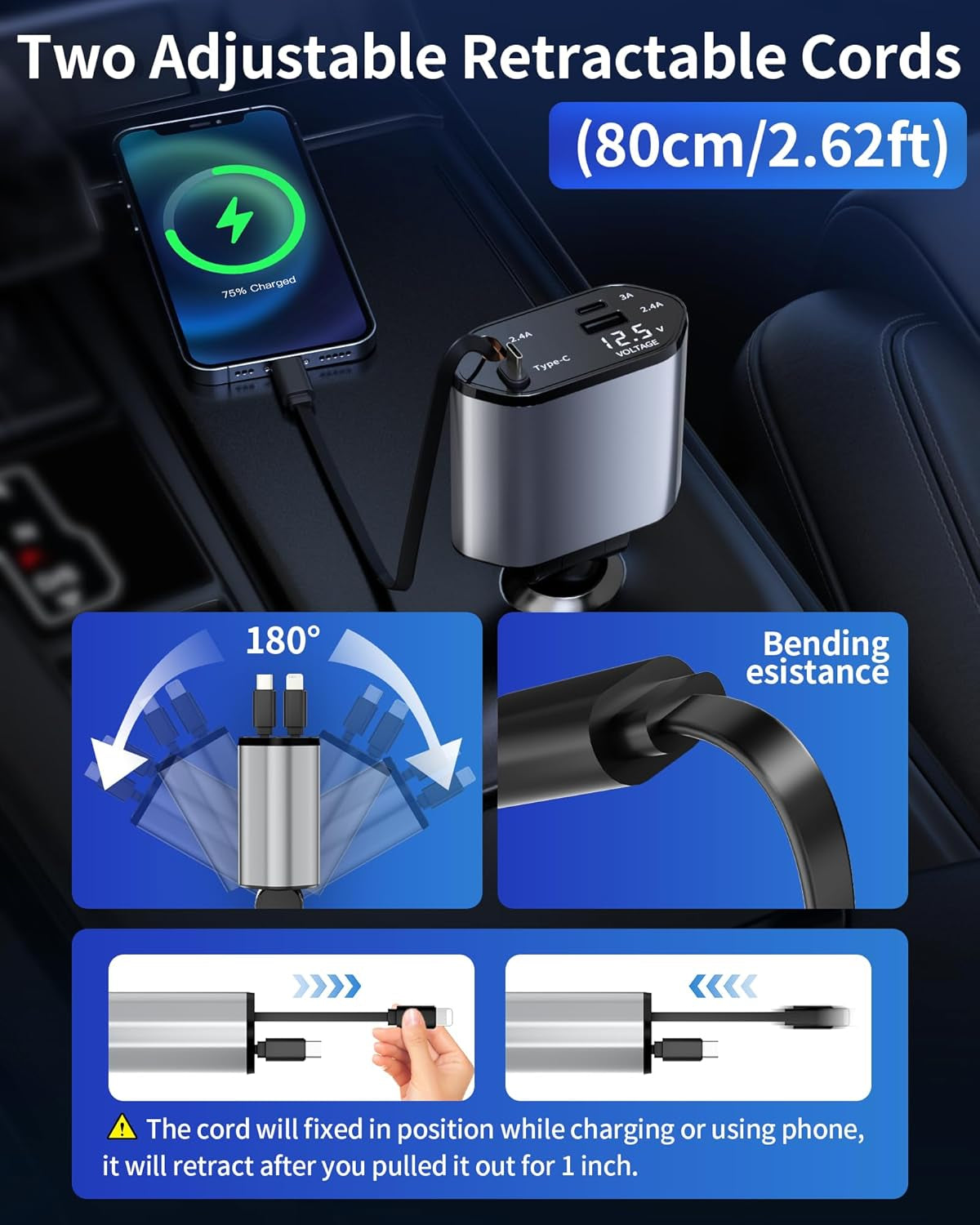Retractable 4 in 1 Fast Charging Car Charger USB-C & USB-A Compatible with Iphone 16/15/14/13/12/11,Galaxy,Pixel
