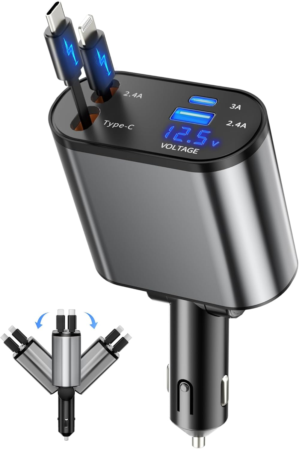 Retractable  4 in 1 Fast Charging Car Charger USB-C & USB-A Compatible with Iphone 16/15/14/13/12/11/X,Galaxy,Pixel