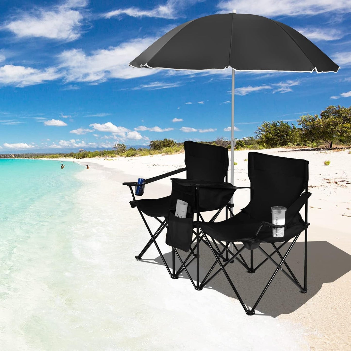 Double Camping Chair with Umbrella, Folding Loveseat Chairs W/Canopy Shade, Carrying Bag