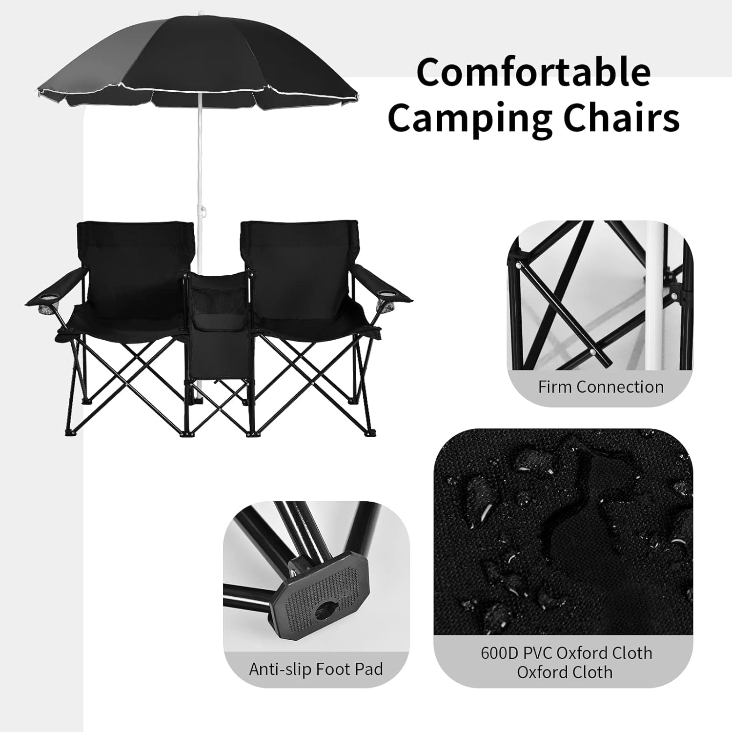 Double Camping Chair with Umbrella, Folding Loveseat Chairs W/Canopy Shade, Carrying Bag
