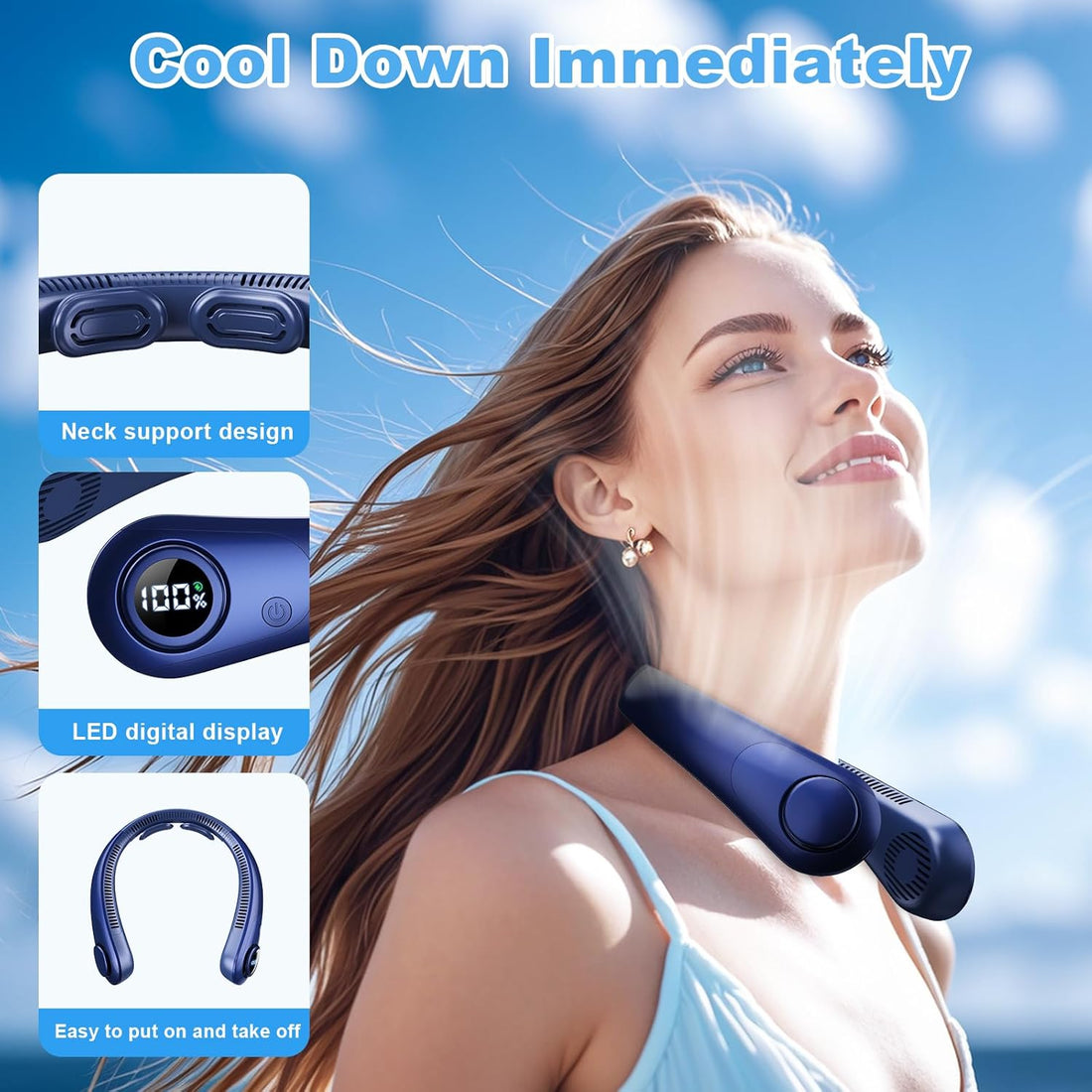 Portable Neck Fan That Blow Cold Air, LED Display, Rechargeable Hands-Free Wearable Cooling Personal Fan