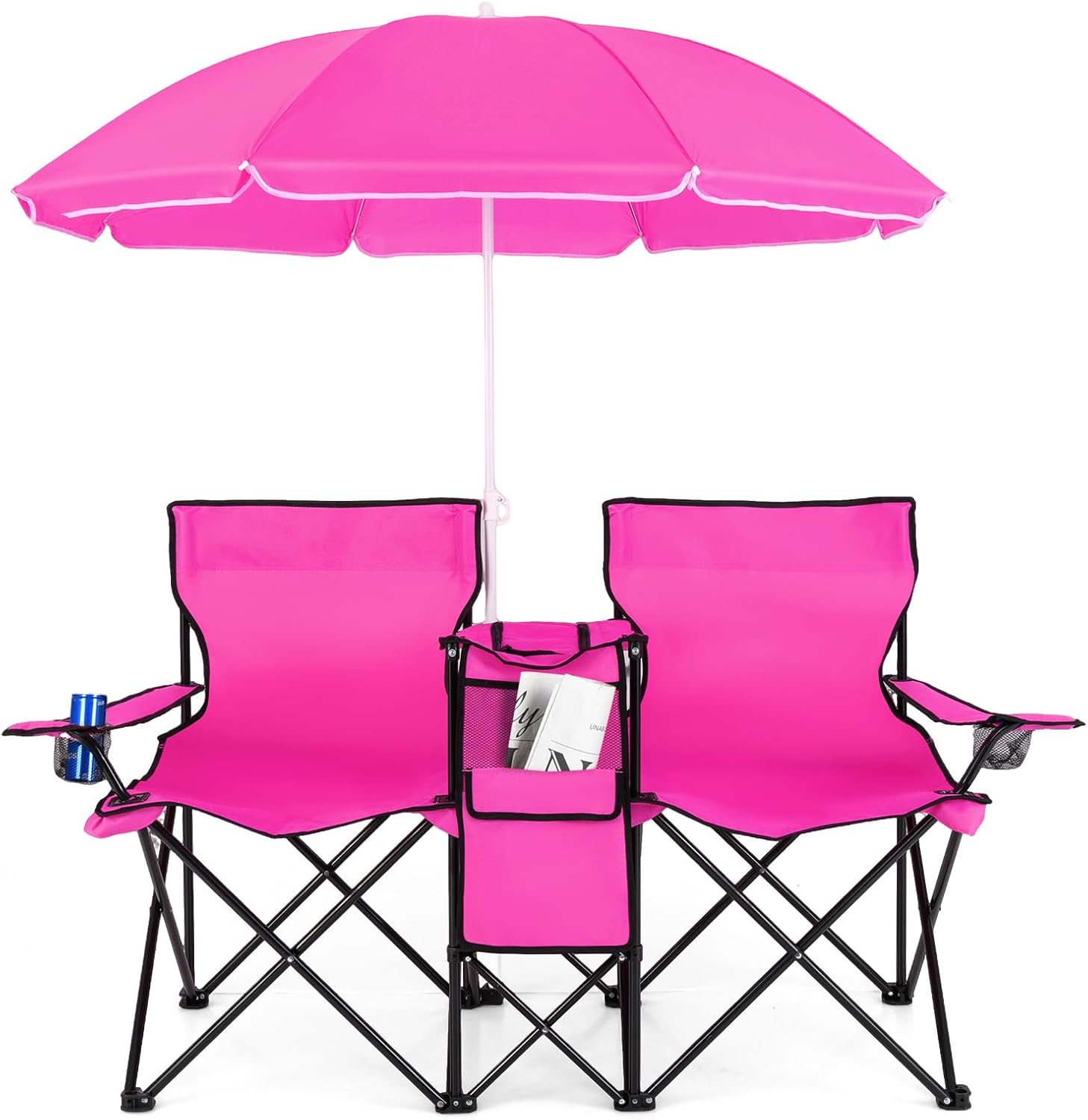 Double Camping Chair with Umbrella, Folding Loveseat Chairs W/Canopy Shade, Carrying Bag
