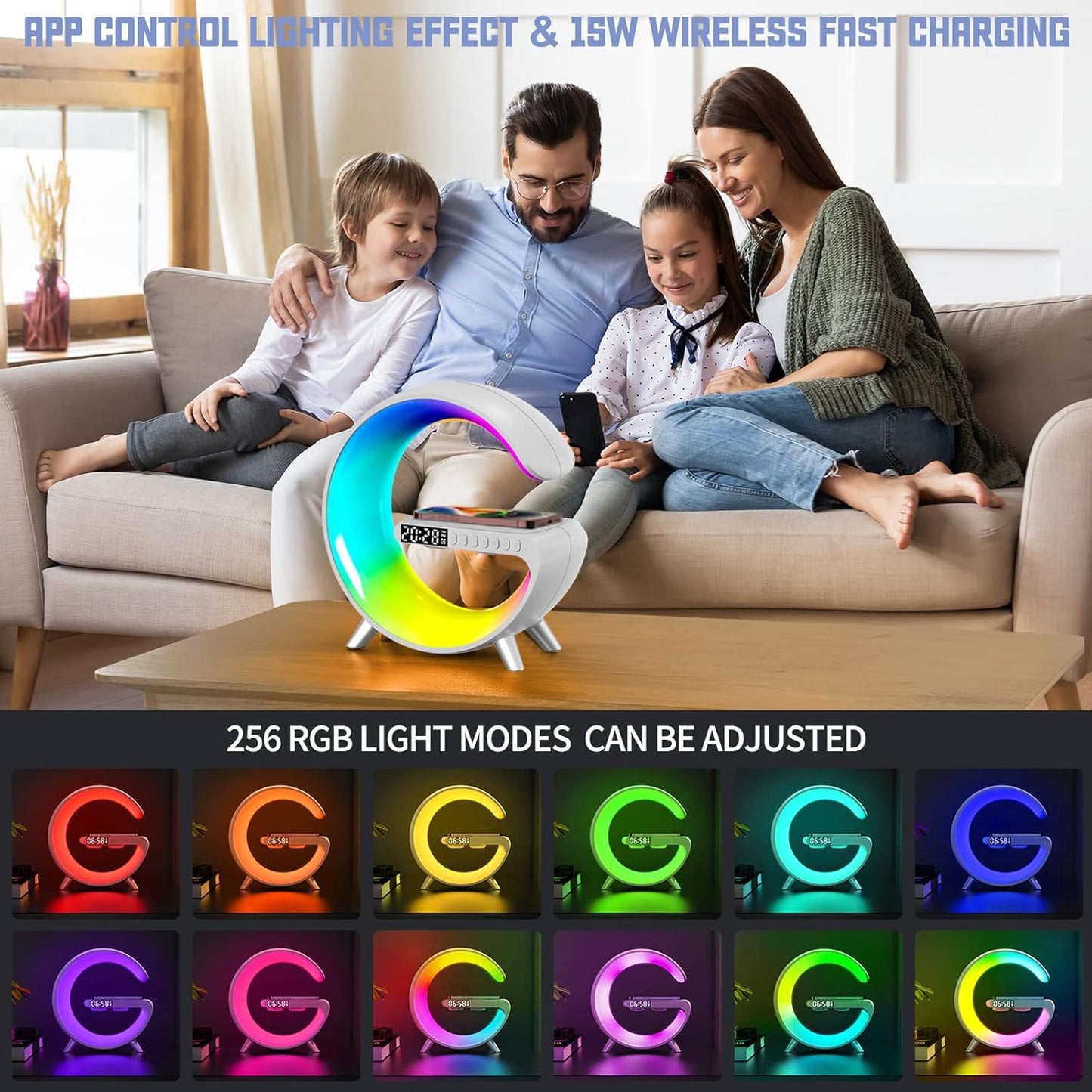 BKDRL Bluetooth Speaker Lamp with Wireless Charger, RGB Night Light, Alarm Clock, App Control - White