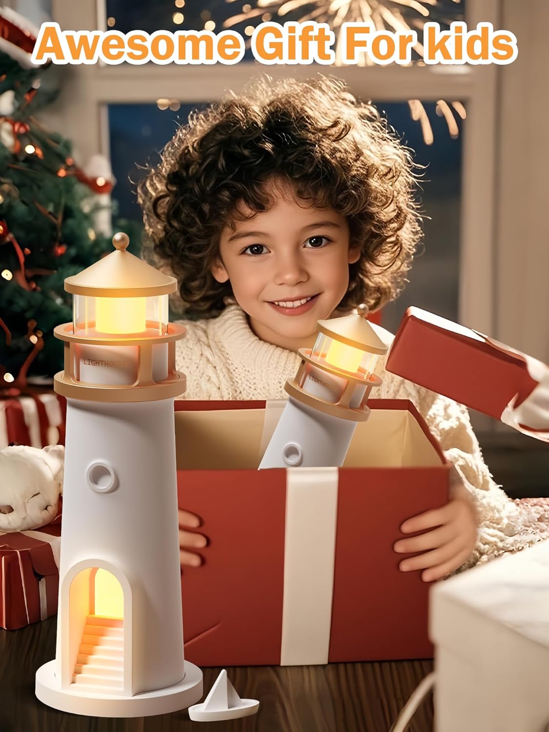 Rechargeable Lighthouse Table Lamp Decor Night Light for Kids, Christmas Birthday Gifts for Kids Boys Girl