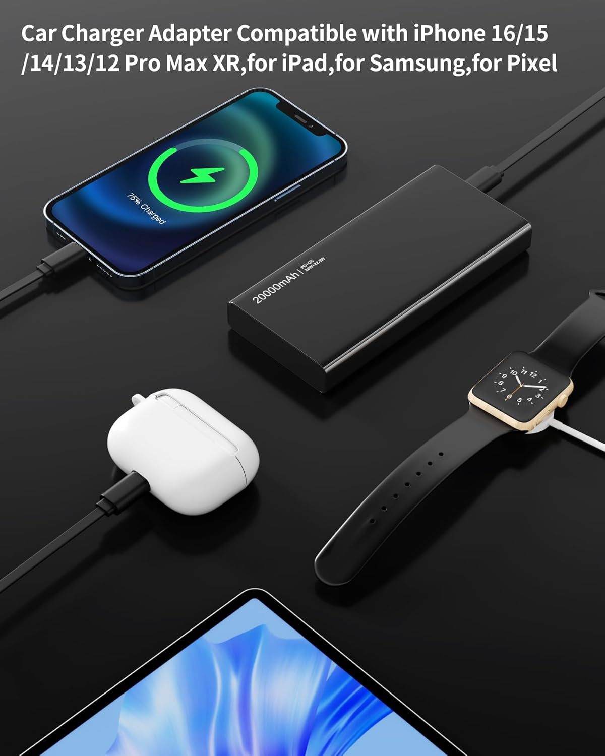 Retractable  4 in 1 Fast Charging Car Charger USB-C & USB-A Compatible with Iphone 16/15/14/13/12/11/X,Galaxy,Pixel