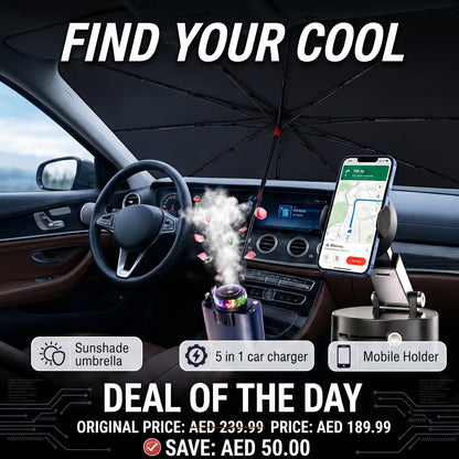 Ultimate Car Essentials Combo – Sunshade, Fast Charger & Phone Holder