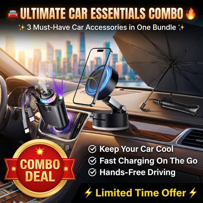 Ultimate Car Essentials Combo – Sunshade, Fast Charger & Phone Holder