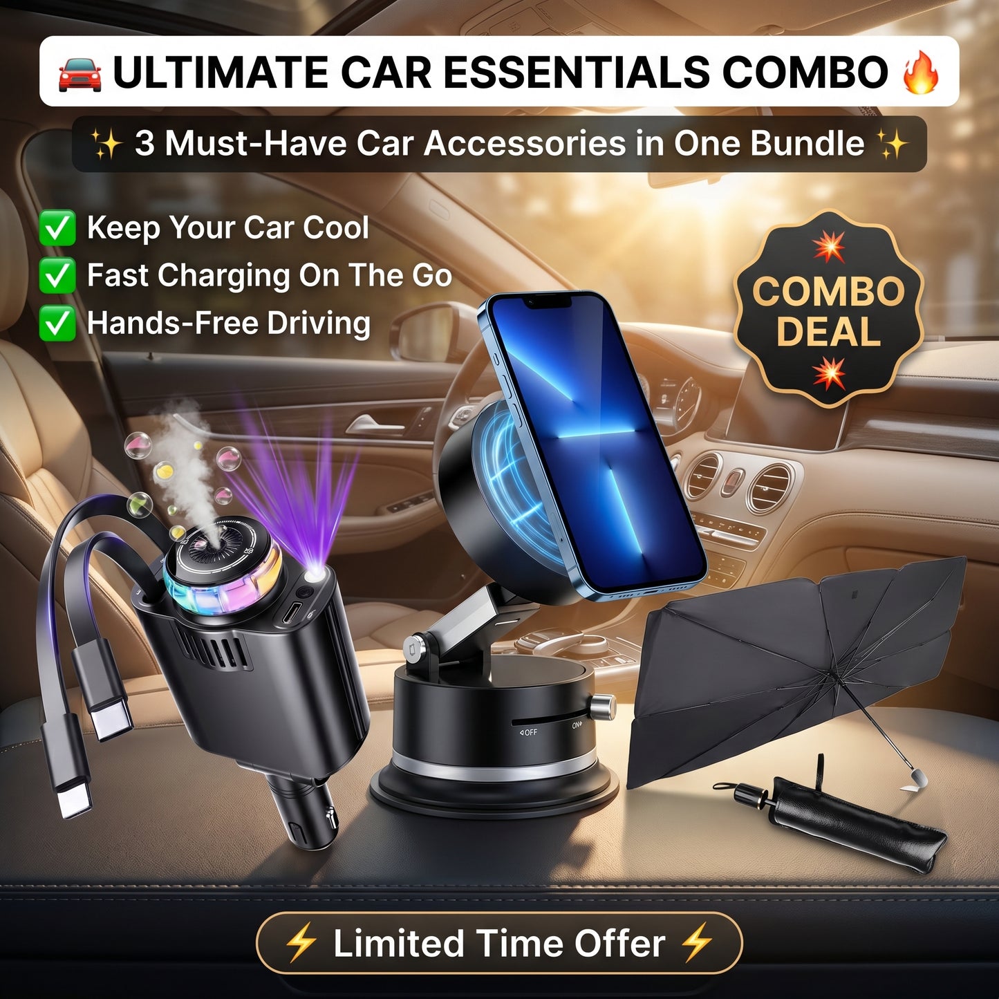 🚗 Ultimate Car Essentials Combo – Sunshade, Fast Charger & Phone Holder 🔥