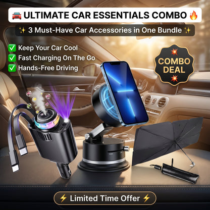 Ultimate Car Essentials Combo – Sunshade, Fast Charger & Phone Holder