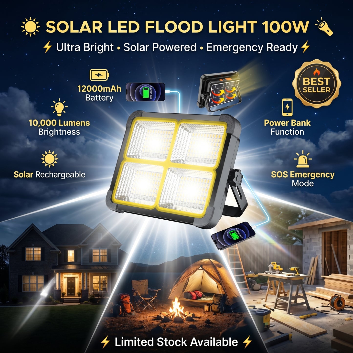 ☀️ Solar LED Flood Light 100W – Emergency Power Bank 🔦