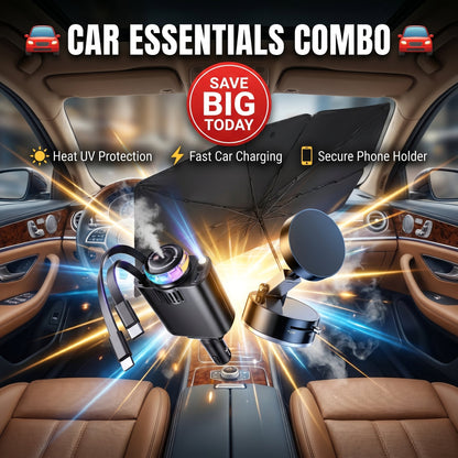 Ultimate Car Essentials Combo – Sunshade, Fast Charger & Phone Holder