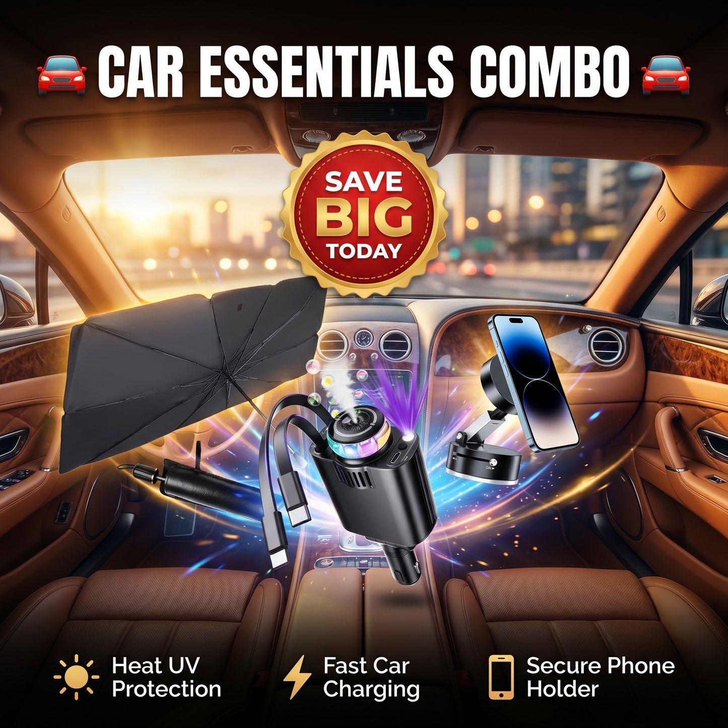 🚗 Ultimate Car Essentials Combo – Sunshade, Fast Charger & Phone Holder 🔥
