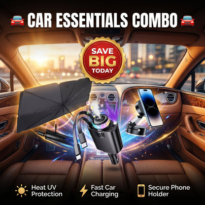 Ultimate Car Essentials Combo – Sunshade, Fast Charger & Phone Holder