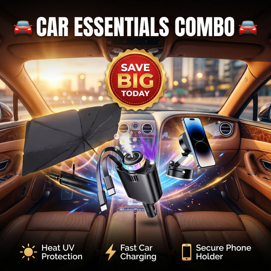 🚗 Ultimate Car Essentials Combo – Sunshade, Fast Charger & Phone Holder 🔥