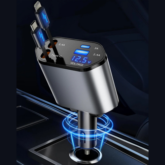 Retractable  4 in 1 Fast Charging Car Charger USB-C & USB-A Compatible with Iphone 16/15/14/13/12/11/X,Galaxy,Pixel