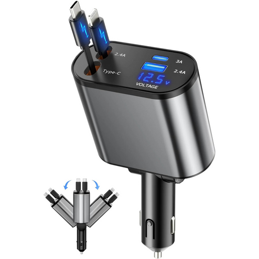 Retractable 4 in 1 Fast Charging Car Charger USB-C & USB-A Compatible with Iphone 16/15/14/13/12/11,Galaxy,Pixel