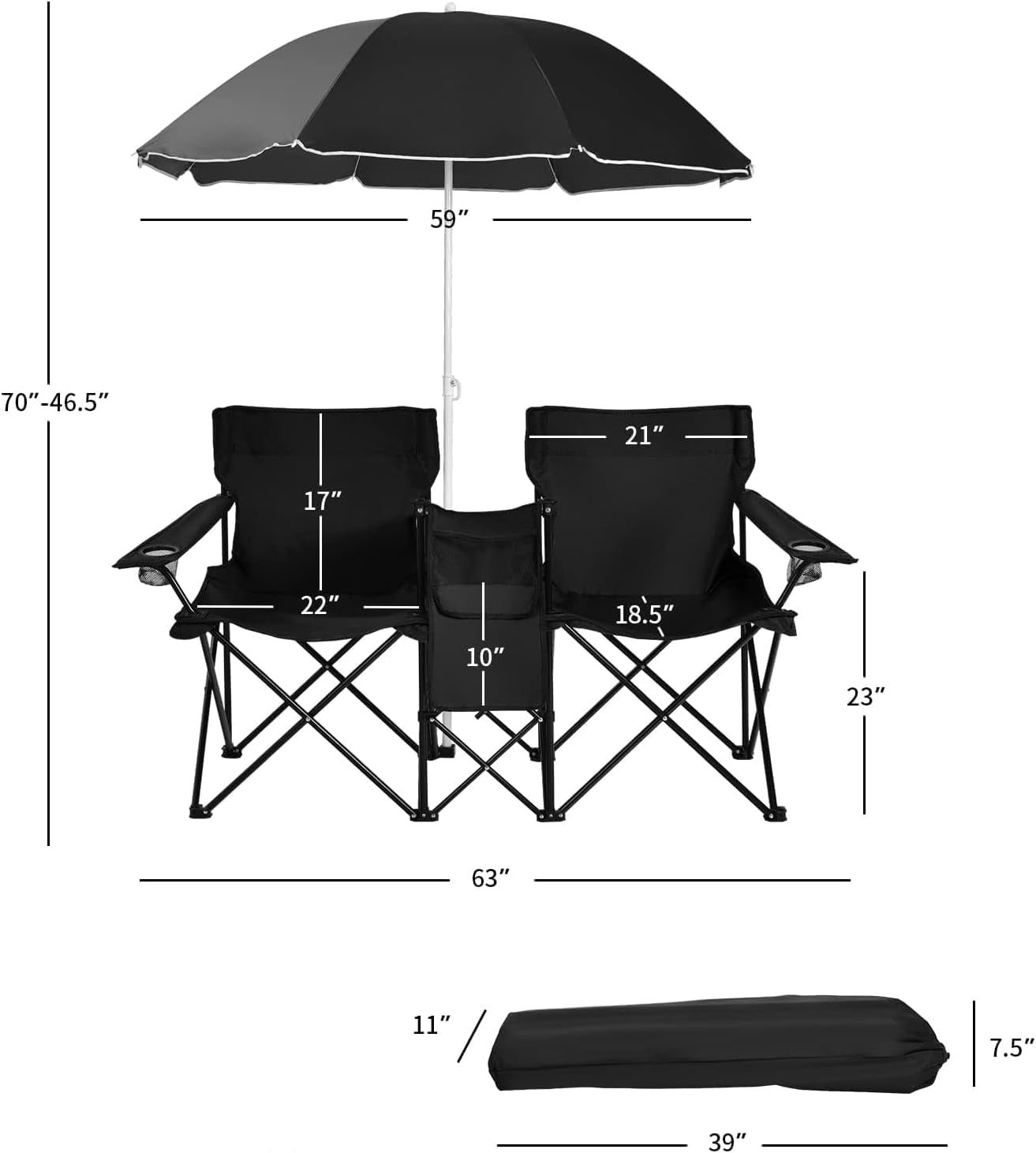 Double Camping Chair with Umbrella, Folding Loveseat Chairs W/Canopy Shade, Carrying Bag