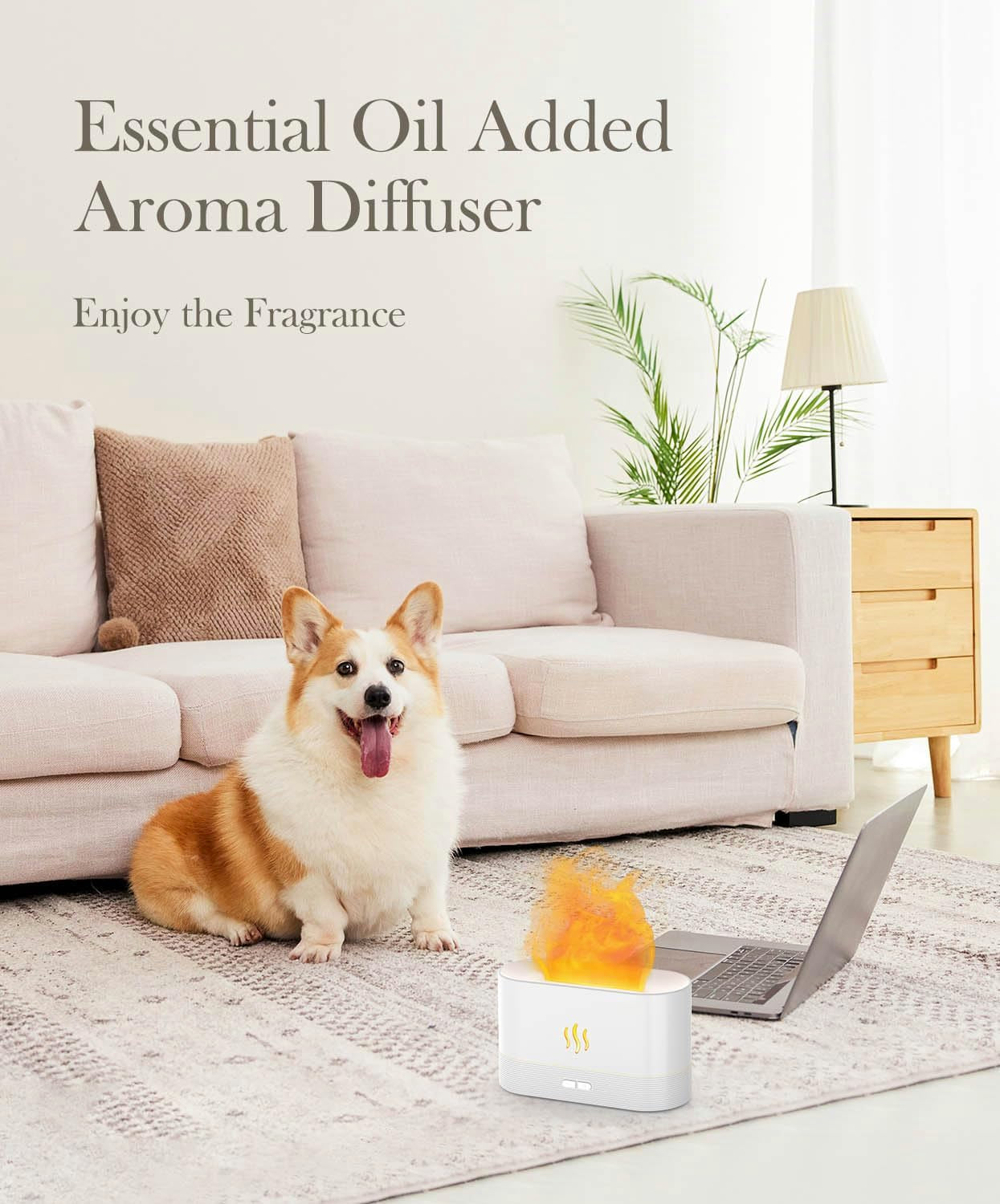 Essential Oil Diffuser Humidifer with Flame Light Effect, Humidifiers for Bedroom with 2 Brightness, 